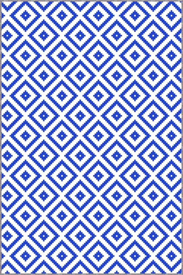 Saks Mavi Karo Desen Kaymaz Tabanlı Dekoratif Halı KR003