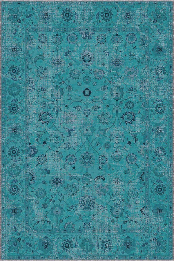 Turkuaz Vintage Kaymaz Taban Makinede Yıkanabilir Halı KR033