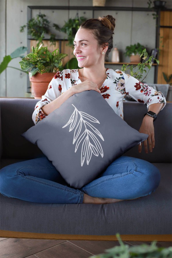 Gri Yaprak Desenli Çift Taraflı Kırlent Kılıfı KRL032