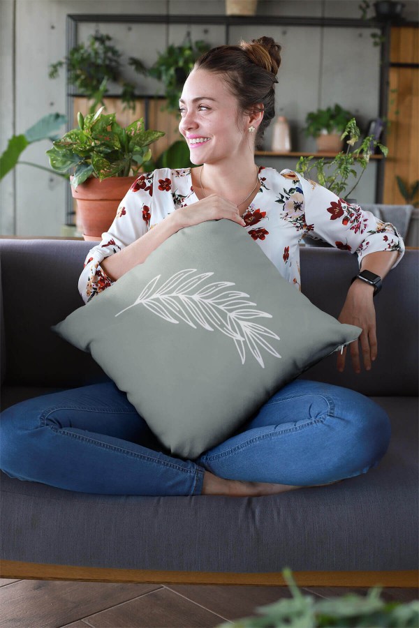 Yeşil Yaprak Desenli Çift Taraflı Kırlent Kılıfı KRL033