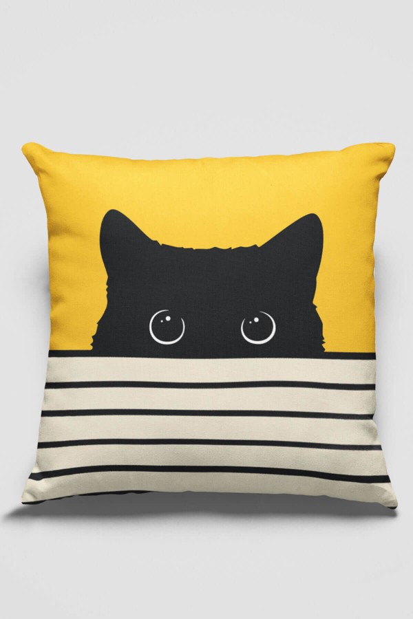 Sarı Kedi Desenli Çift Taraf Yastık Kırlent Kılıfı KRL064