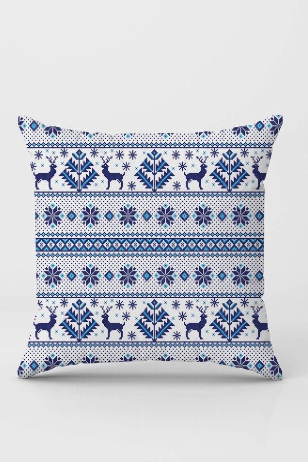 Mavi Yılbaşı Temalı Çift Taraflı Kırlent Kılıfı KRL1041