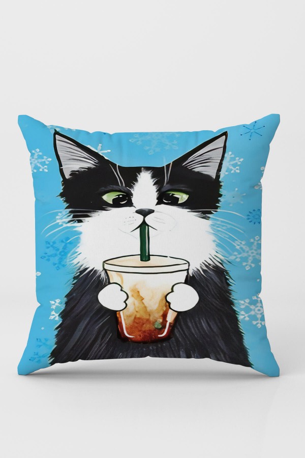 Mavi Kedi Desenli Çift Taraf Yastık Kırlent Kılıfı KRL1114