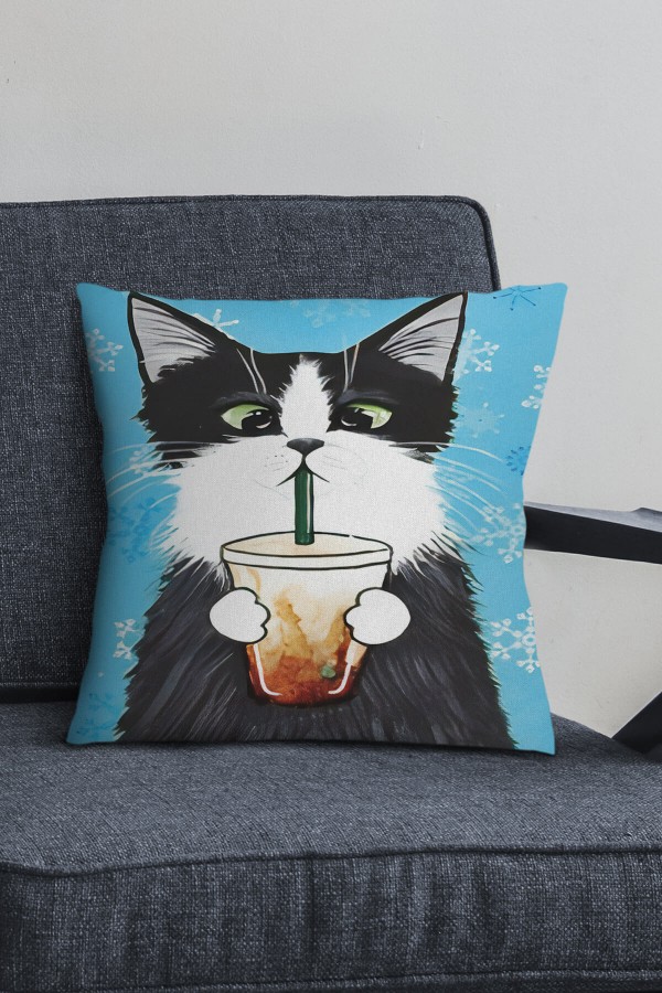 Mavi Kedi Desenli Çift Taraf Yastık Kırlent Kılıfı KRL1114