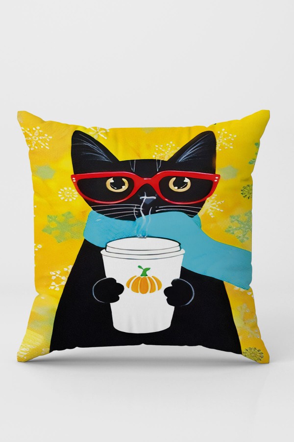 Sarı Kedi Desenli Çift Taraf Yastık Kırlent Kılıfı KRL1115