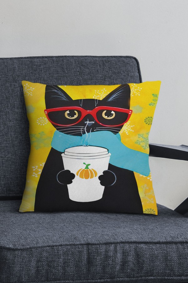 Sarı Kedi Desenli Çift Taraf Yastık Kırlent Kılıfı KRL1115