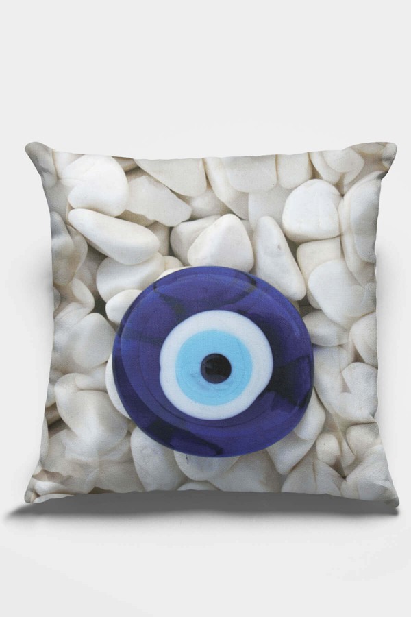 Beyaz 3D Üç Boyutlu Nazar Boncuklu Kırlent Kılıfı KRL277