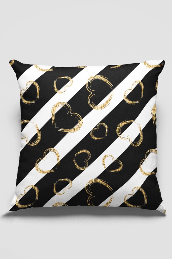 Siyah Kalp Desenli Çift Taraflı Yastık Kırlent Kılıfı KRL353