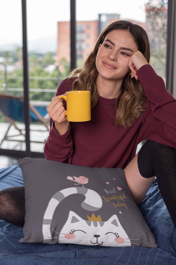 Gri Kedi Desenli Çift Taraflı Yastık Kırlent Kılıfı KRL440