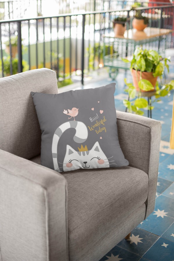 Gri Kedi Desenli Çift Taraflı Yastık Kırlent Kılıfı KRL440