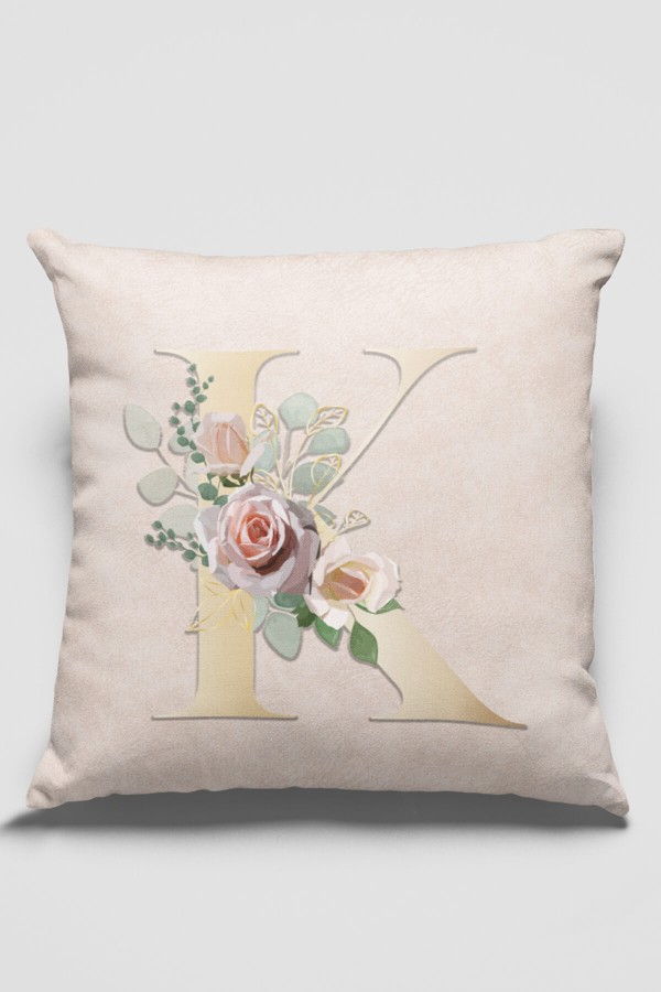 Çift Taraflı Bej K Harfli Yastık Kırlent Kılıfı KRL543