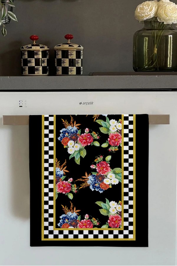 Siyah Çiçek Desenli Fırın Mutfak Havlusu 30x50cm