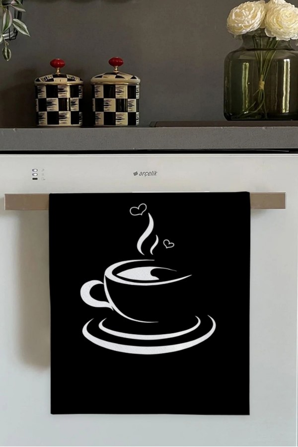 Siyah Fincan Desenli Fırın Mutfak Havlusu 30x50cm