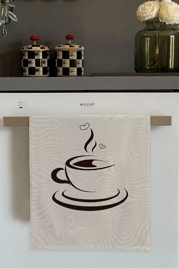 Bej Fincan Desenli Fırın Mutfak Havlusu 30x50cm