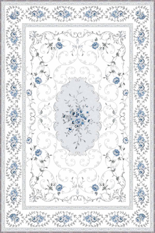 Mavi Klasik Göbekli Kaymaz Tabanlı Dekoratif Halı MK05