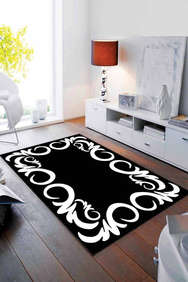 Siyah Çerçeveli Kaymaz Taban Makinede Yıkanabilir Halı MK16