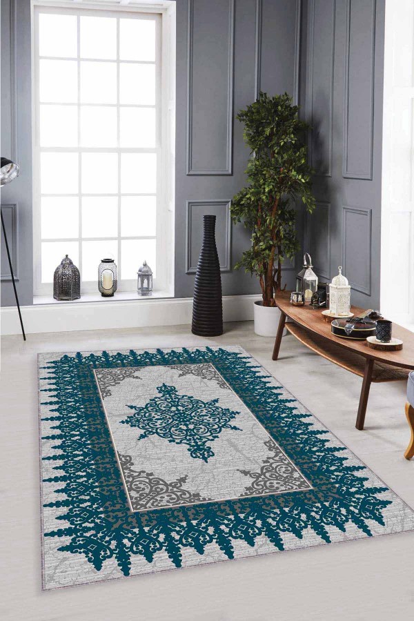 Zümrüt Klasik Göbekli Kaymaz Tabanlı Dekoratif Halı MK37