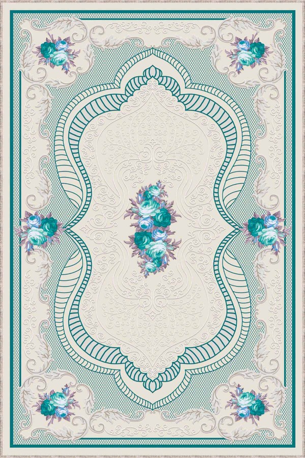 Turkuaz Klasik Göbekli Kaymaz Tabanlı Dekoratif Halı MK39