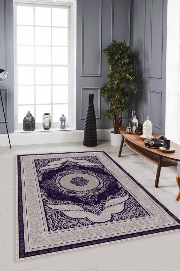 Lacivert Klasik Göbekli Kaymaz Tabanlı Dekoratif Halı MK52