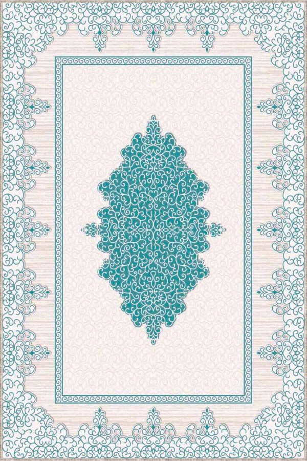 Turkuaz Klasik Göbekli Kaymaz Tabanlı Dekoratif Halı MK70