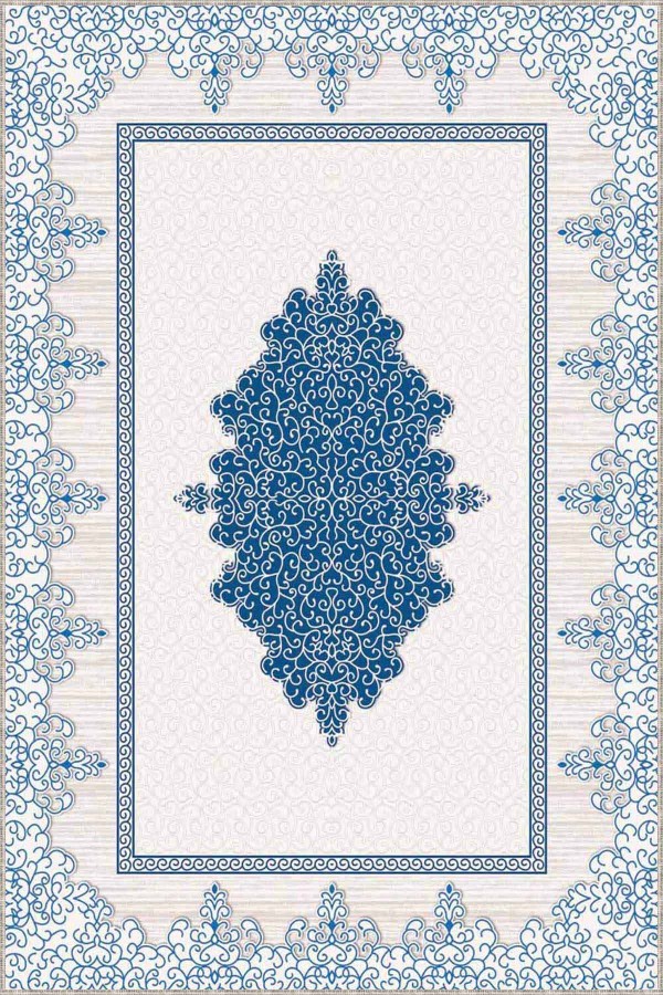 Mavi Klasik Göbekli Kaymaz Tabanlı Dekoratif Halı MK75