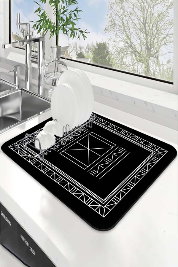 Siyah Etnik Microfiber Bulaşık Kurutma Kurulama Matı MM014