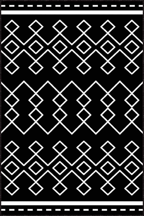 Siyah Beyaz Etnik Desenli Kaymaz Taban Dekoratif Halı MRC04