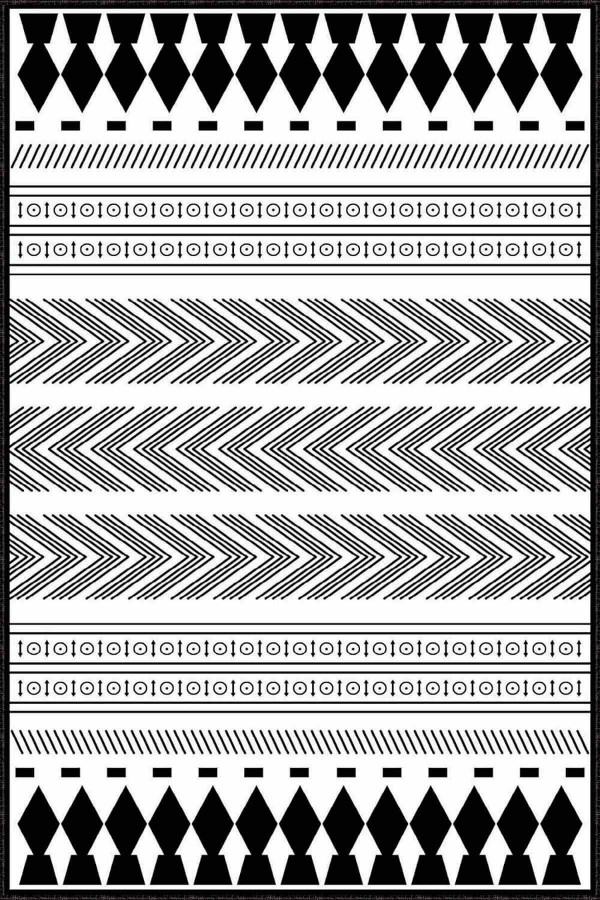 Beyaz Siyah Etnik Desenli Kaymaz Taban Dekoratif Halı MRC07