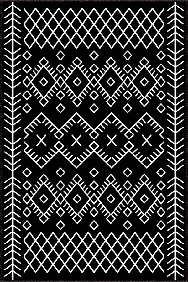 Beyaz Siyah Etnik Desenli Kaymaz Taban Dekoratif Halı MRC09