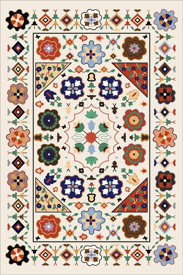 Krem Etnik Desenli Dokuma Leke Tutmaz Masa Örtüsü MSO357