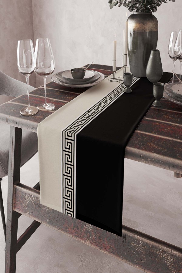 Siyah Avangarde Desenli Premium Masa Örtüsü Runner RNR146