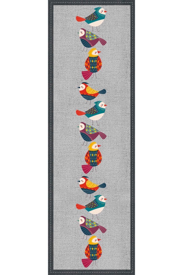 Gri Etnik Kuşlu Desen Premium Masa Örtüsü Runner RNR209