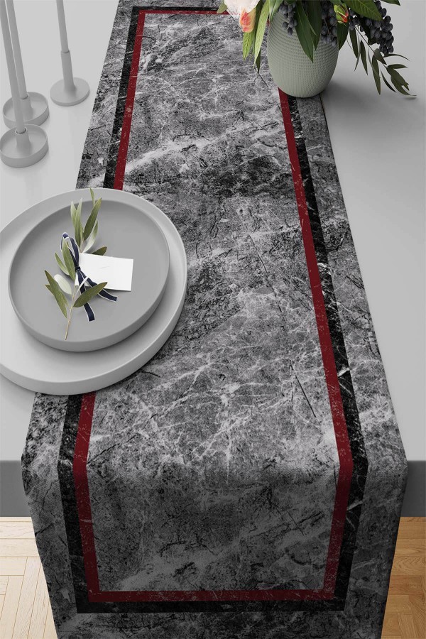 Bordo Çerçeveli Desen Premium Masa Örtüsü Runner RNR242