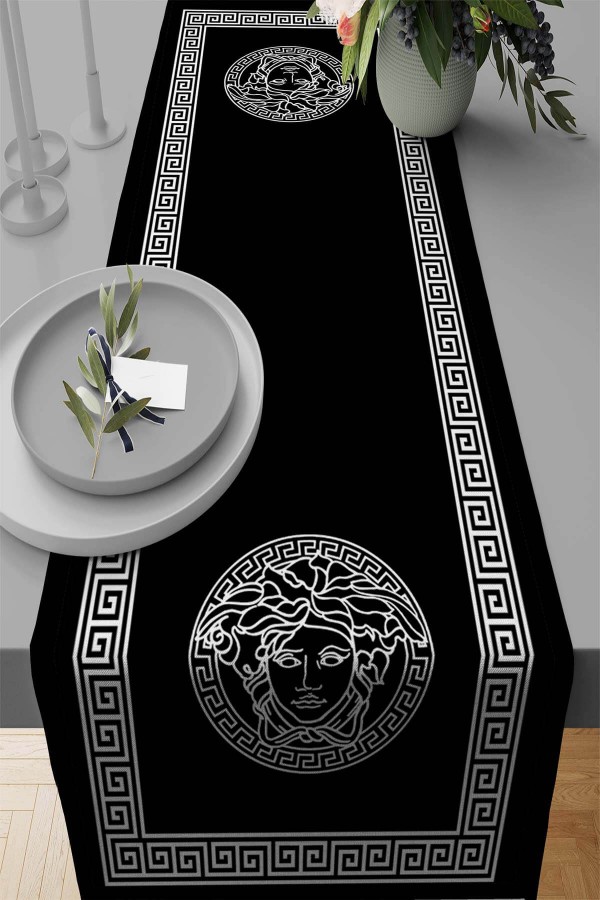 Siyah Çerçeveli Desen Premium Masa Örtüsü Runner RNR307