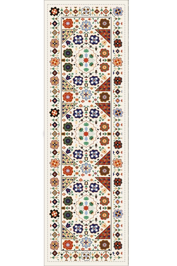 Krem Etnik Desenli Premium Masa Örtüsü Runner RNR357