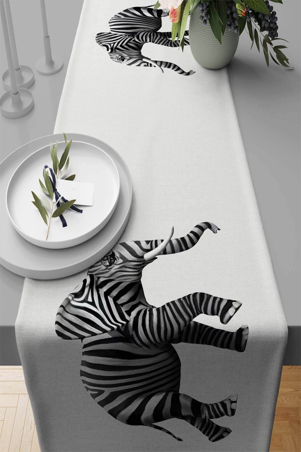 Ekru Etnik Fil Desenli Premium Masa Örtüsü Runner RNR446