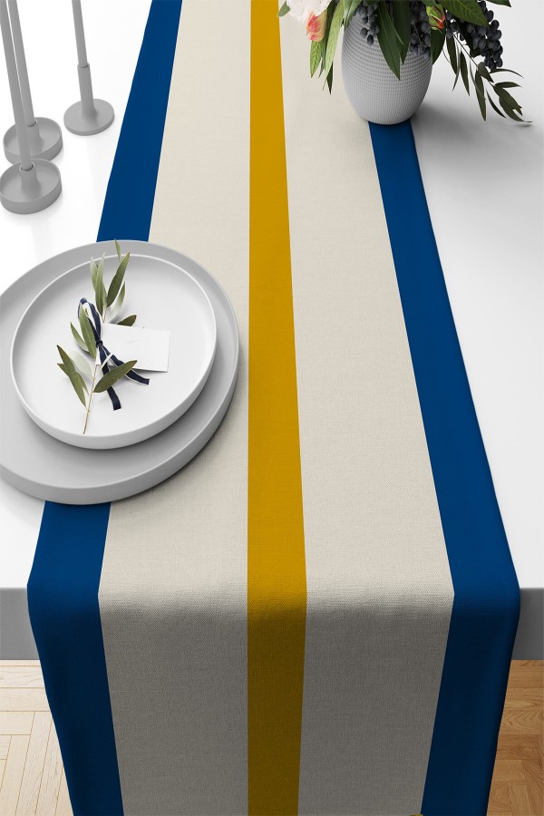 Mavi Çizgi Desenli Premium Masa Örtüsü Runner RNR475
