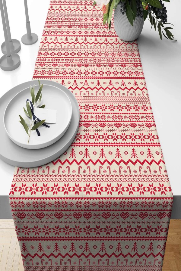 Kırmızı Christmas Desen Premium Masa Örtüsü Runner RNR564