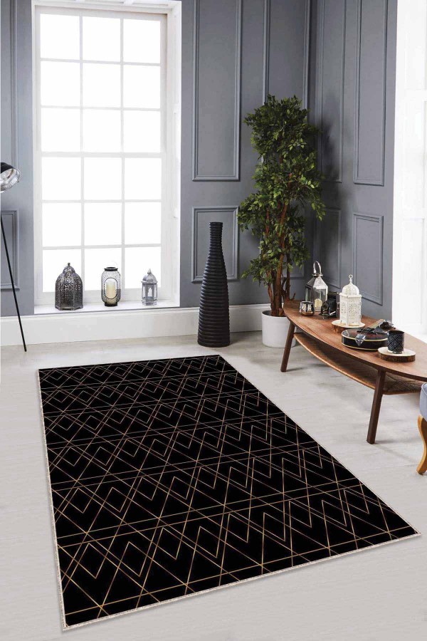 Siyah Mermer Görünümlü Kaymaz Tabanlı Dekoratif Halı RV024