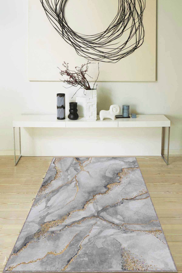 Gri Mermer Görünümlü Kaymaz Tabanlı Dekoratif Halı RV119