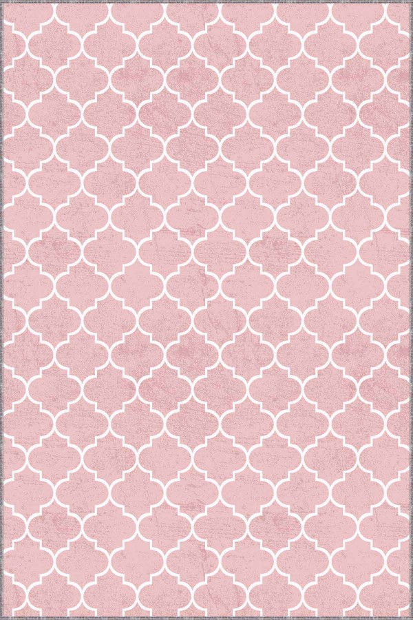 Pembe Fas Desen Kaymaz Taban Makinede Yıkanabilir Halı RV154