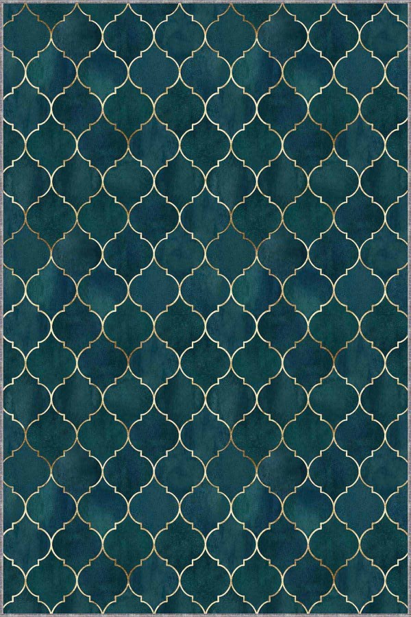 Zümrüt Fas Desen Kaymaz Tabanlı Dekoratif Halı RV160