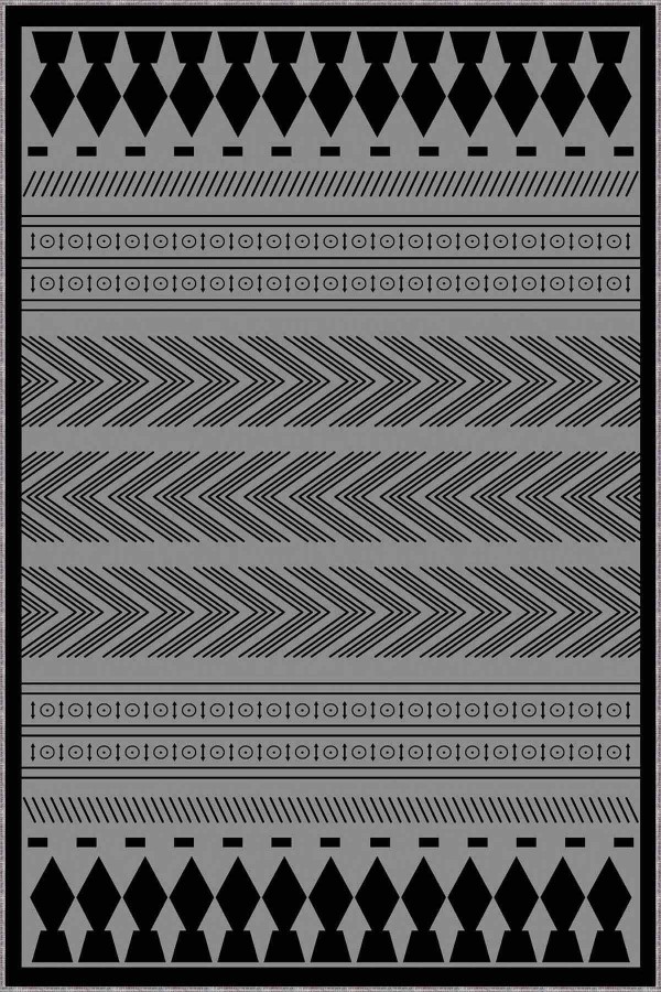 Siyah Gri Etnik Kaymaz Tabanlı Dekoratif Halı RV263