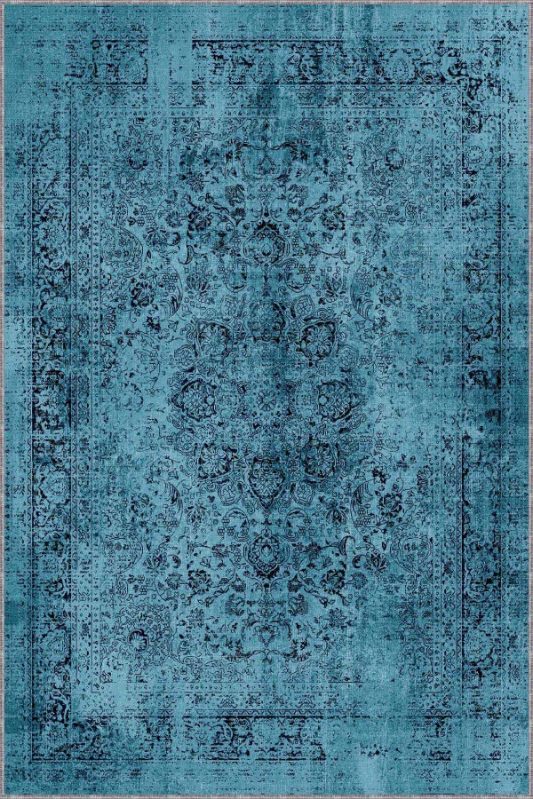 Mavi Vintage Kaymaz Tabanlı Makinede Yıkanabilir Halı RV279