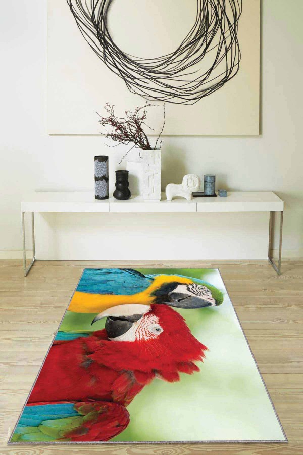 Çok Renkli Papağan Desenli Kaymaz Taban Dekoratif Halı RV323