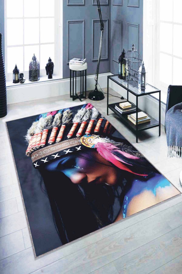 Pembe Kızıl Derili Temalı Kaymaz Taban Yıkanan Halı RV329