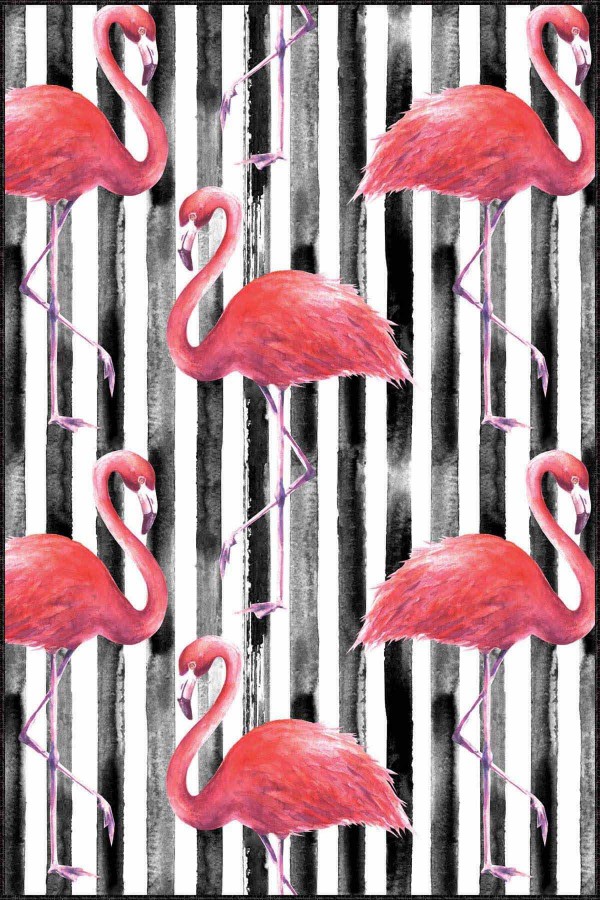 Pembe Flamingolu Kaymaz Tabanlı Dekoratif Halı RV347