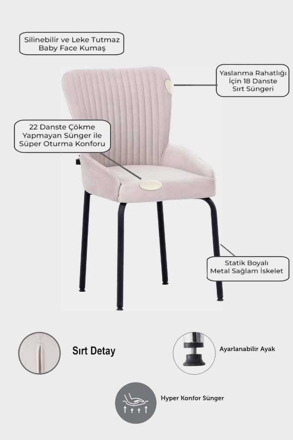 Pembe Delta Baton Krom Ayaklı Mutfak Sandalyesi Takımı