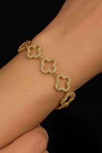 Van Cleff Yonca Zirkon Taşlı Gold Model 14K Pirinç Bileklik – Suare Concept Zarif Şans Tasarımı
