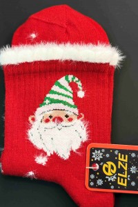 KIRMIZI NOEL BABA VE KAR TANESİ DESENLİ YILBAŞI ÇORABI